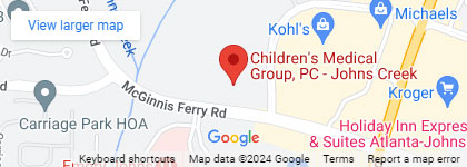 Map for the Johns Creek office of Children's Medical Group - Pediatricians in Atlanta, Decatur, Johns Creek